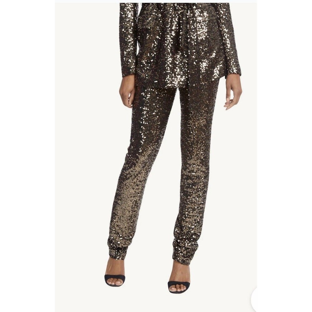 Badgley Mischka Pants Womens Gold Sequins High Rise Straight Leg Size 4 $299